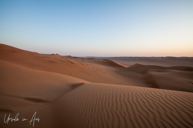 Sunrise over the desert dunes, Wahiba Sands, Oman