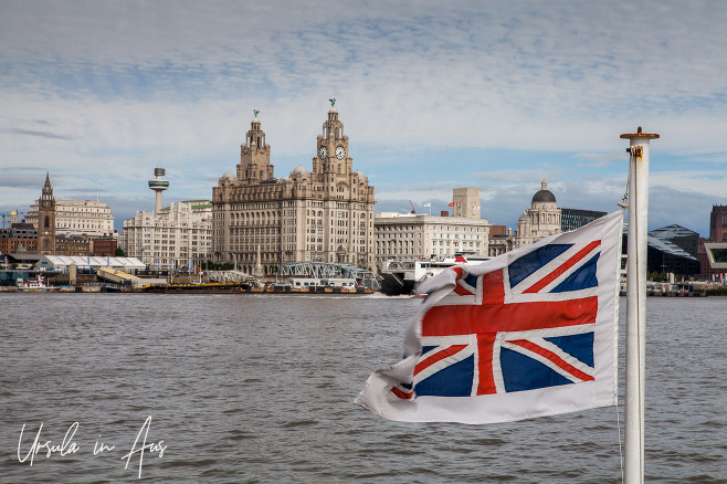 UK flag on the Mersey, the Royal Liver Building in the background, Liverpool