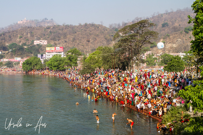 Crowded ghats on the Ganges, 2010 Kumbh Mela in Haridwar, India.