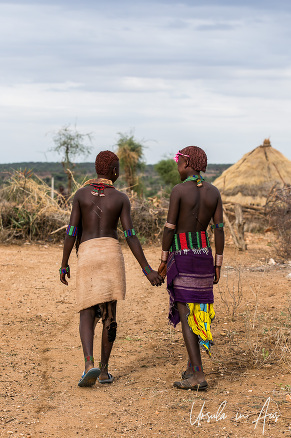 Backs of two young Hamar girls, Omo Valley Ethiopia