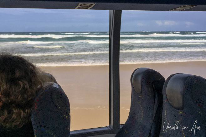 Seventy Five Mile Beach from a tour bus window, Fraser Island, Queensland Australia