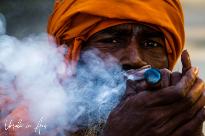 Portrait: Indian sadu with a clay pipe, Haridwar