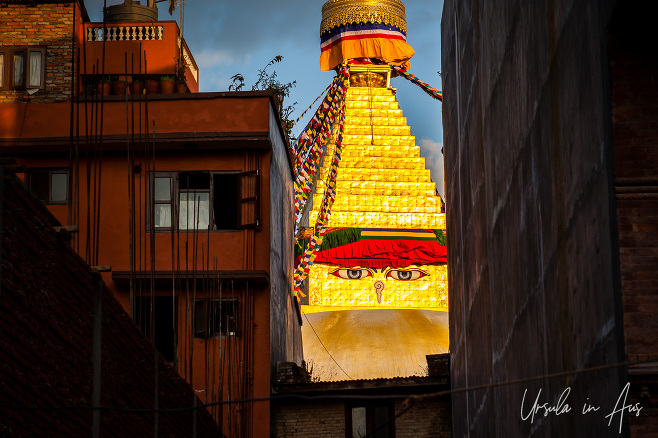 Sunlight on the eyes of Boudhanath, Kathmandu Nepal