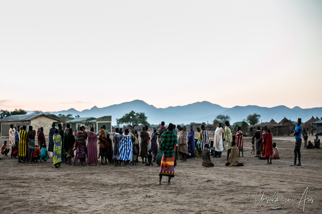 Kara villagers in blankets, early morning, Dus Village Ethiopia