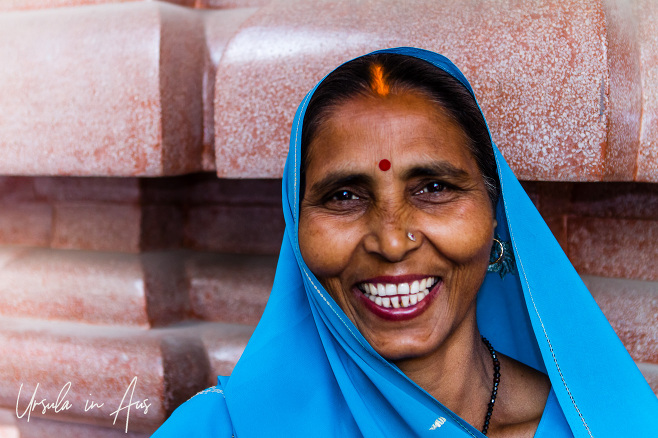 Portrait: Hindu woman in a blue ghoonghat, Haridwar India