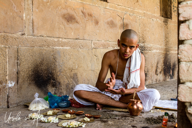 Portrait: young Hindu Priest making offerings to the Ganges, Varanasi ghats, India