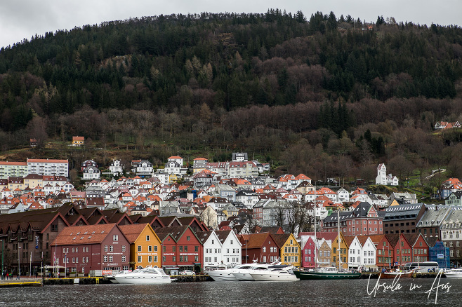 Bryggen wharf from across the harbour, Bergen Norway