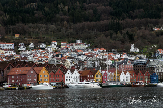 Bryggen wharf from across the harbour, Bergen Norway