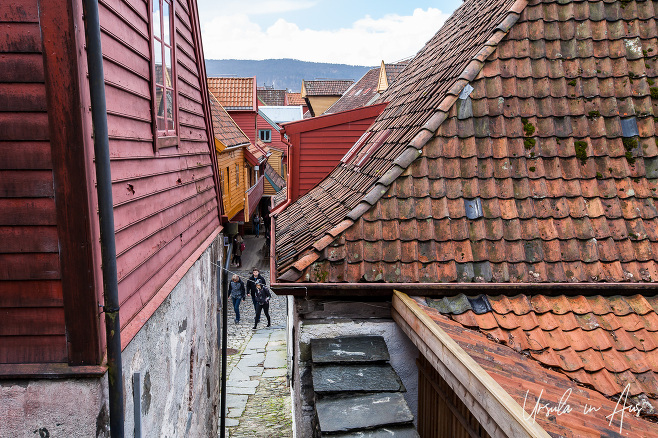 Tiled roofs and cobbled streets, Bryggen, Bergen Norway