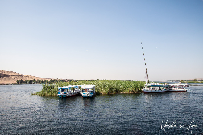 Tourist boats on flat grasslands, Aswan Egypt.