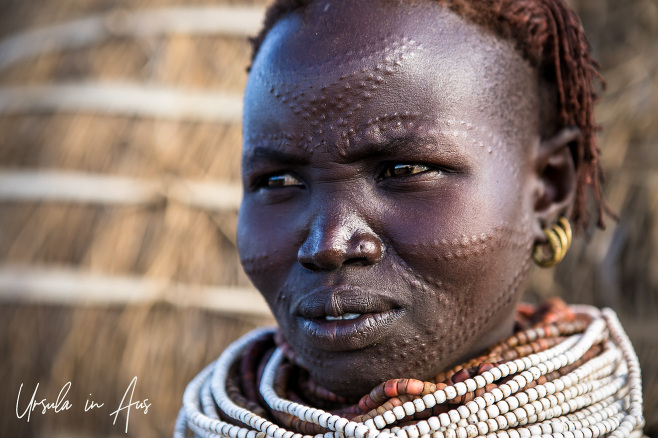 Portrait: Nyangatom Beauty-scarred woman in braids, beads, Omo Valley Ethiopia