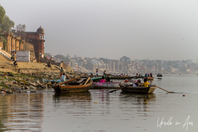 Wooden rowboats on the ganges, Assi Ghat Varanasi India