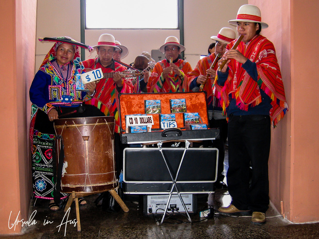 Peruvian bamboo flute band, Cusco Airport, Peru.