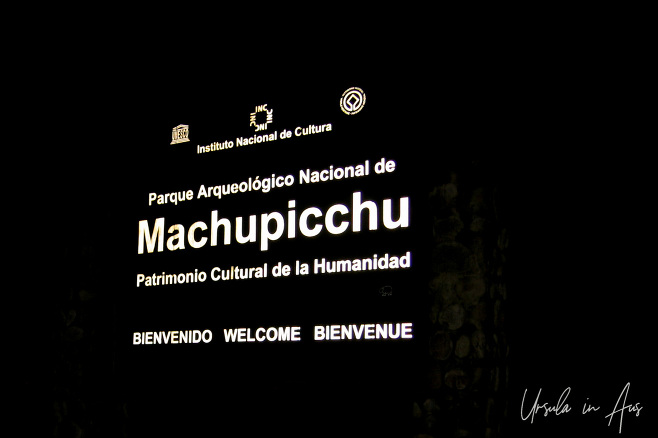 Welcome sign, Machu Picchu, Peru