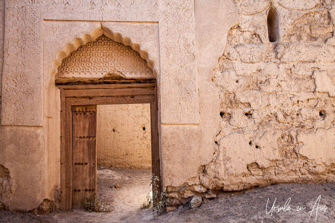 Wooden door on an abandoned mudbrick building, Al Munisifeh, Oman.