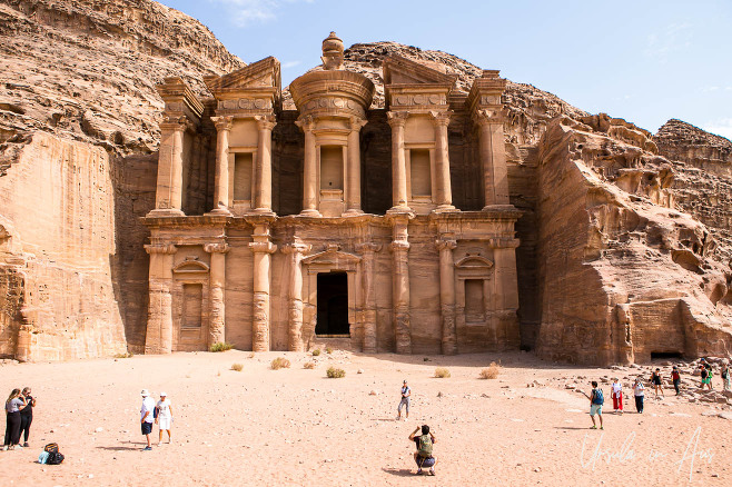 The Monastery, Petra, with tourists in the forecourt, Jordan