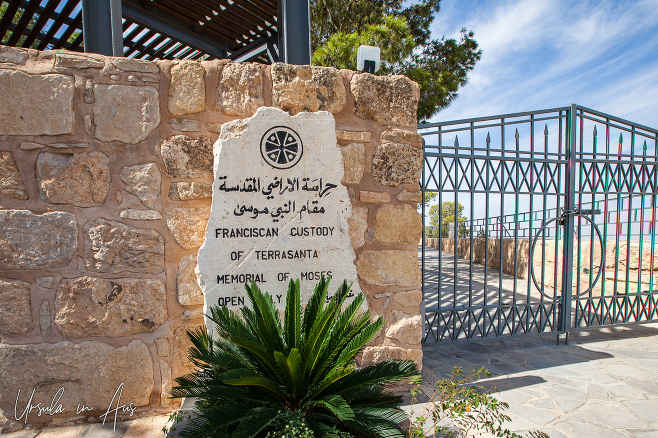 Sign outside the Memorial of Moses, Mount Nebo, Jordan.