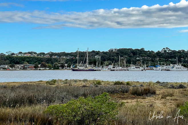 Sailboats and fishing boats moored on the waterfront, Lakes Entrance, Australia.