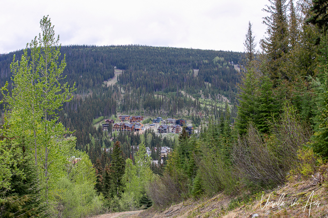 Wooden chalets on the Orient viewed from Mount Morrisey, Sun Peaks BC Canada