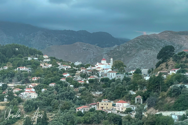 View over Lakkoi Xania, Crete, from a bus window.