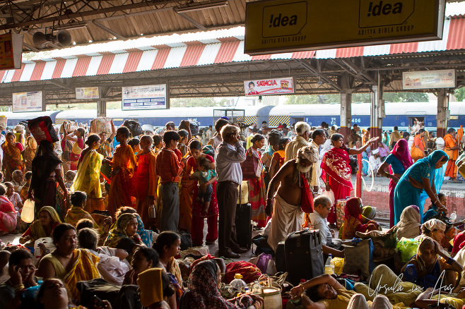 Railway station packed full of people, Haridwar India
