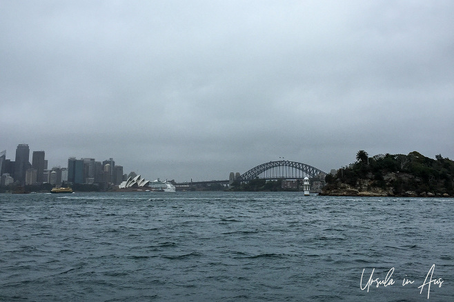 View over Sydney Harbour, the Opera House, and Harbour Bridge from a ferry, Australia