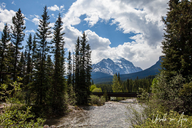 Rusty metal bridge on the Bow River, Lake Louise, Banff National Park, Canada