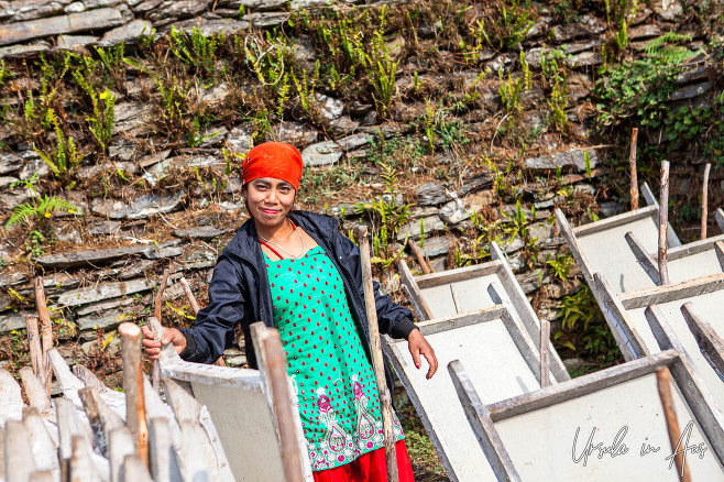 Female worker holding paper frames, Annapurna Lokta Paper, Siddharthachowk, Pokhara