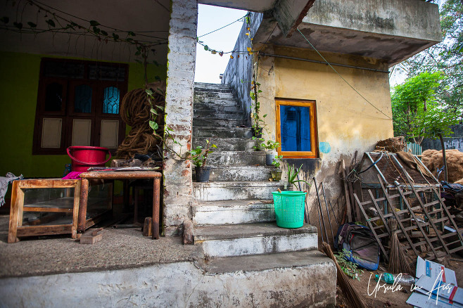 Stairs in a coir home and factory, Cuddalore, Tamil Nadu India