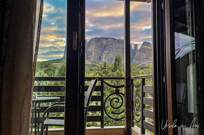 Sunrise view over a balcony at the Grand Meteora Hotel, Greece