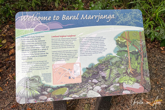 "Welcome to Baral Marrjanga" information signboard, Mossman Gorge, Daintree National Park, Queensland Australia
