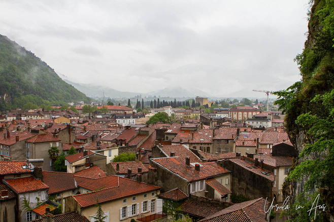 Red tiled roofs of Foix from the castle, France