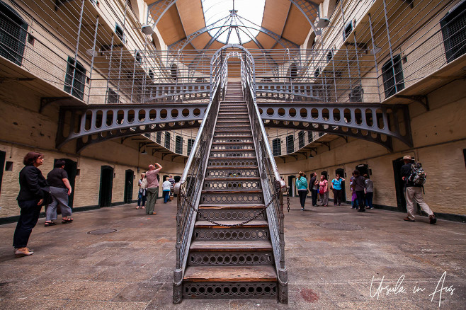 The stairs in the main hall of Kilmainham Gaol, Dublin Ireland.