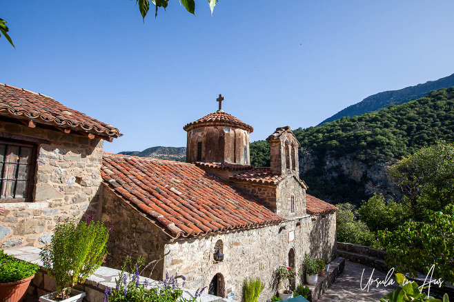 View over the katholicon of the Filosofou Monastery, Dimitsana Greece