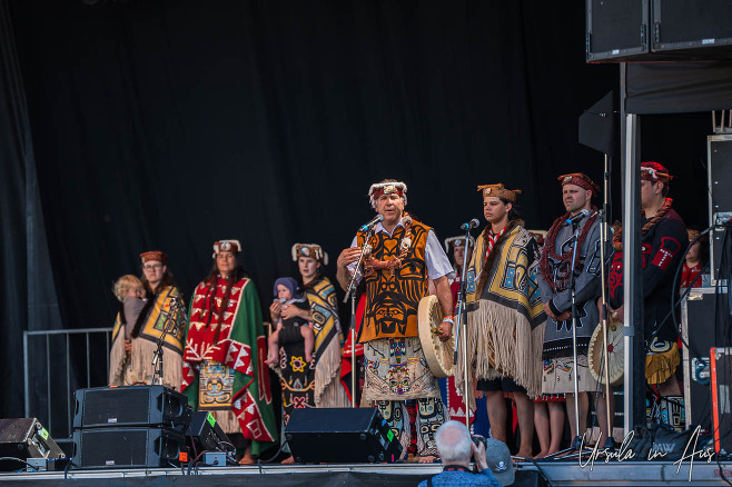 Kumugwe Dancers on the main stage, Vancouver Island Musicfest, Comox BC Canada