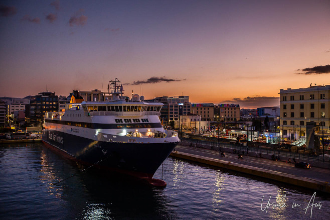 A Blue Star ferry in pre-dawn Piraeus Port, Athens 