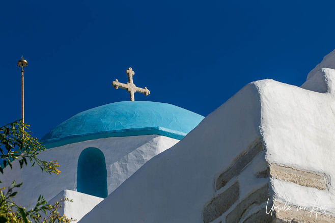 Orthodox dome in blue and white against a blue sky, Saint Constantine Panoramic Church, Parikia, Greece.