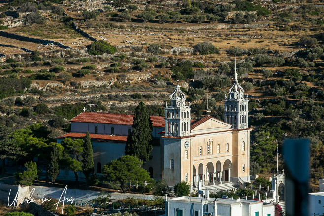 Looking over Church of Agia Triada, Lefkes Paros Greece.