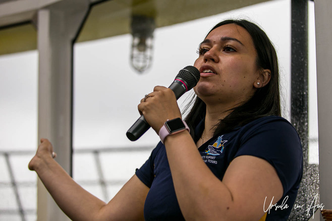 Environmental portrait: Young woman with a microphone, Prince Rupert Adventure Tours, BC Canada