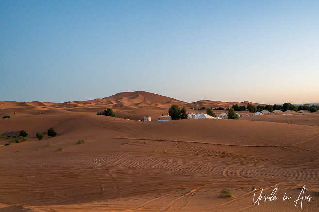 White tents in the Sahara, Erg Chebb, Morocco. 