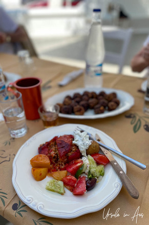 Oven potatoes, stuffed capsicum, Greek salad, tzatziki, meatballs and ouzo, Platia Cooking School, Naxos Greece