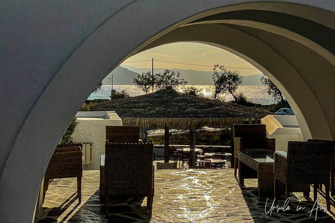 Golden light over the arched entry to the Galaxy Hotel, Naxos Greece.