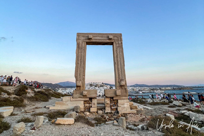 Marble gateway to the Temple Of Apollo with the city behind, Naxos Greece