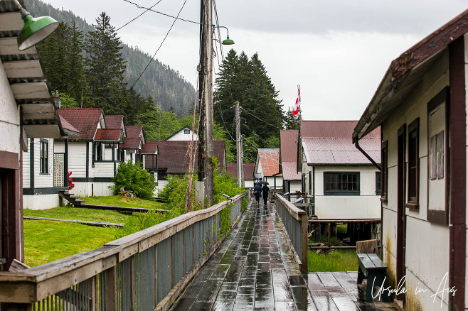 Wet wooden walkway through the North Pacific Cannery site, Port Edward BC Canada