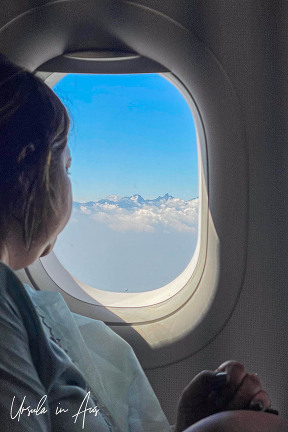 The Himalaya and clouds from an airplane window, India